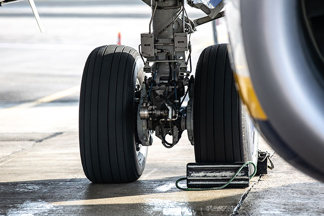 Close-up of an aircraft landing gear